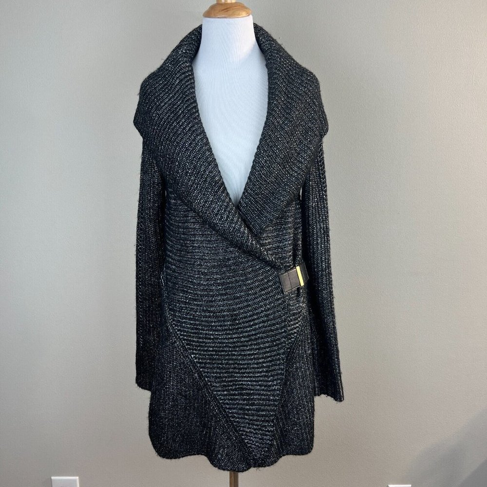 Cache Cardigan Sweater Medium Black Silver Metallic Knit Belted Shawl Collar New